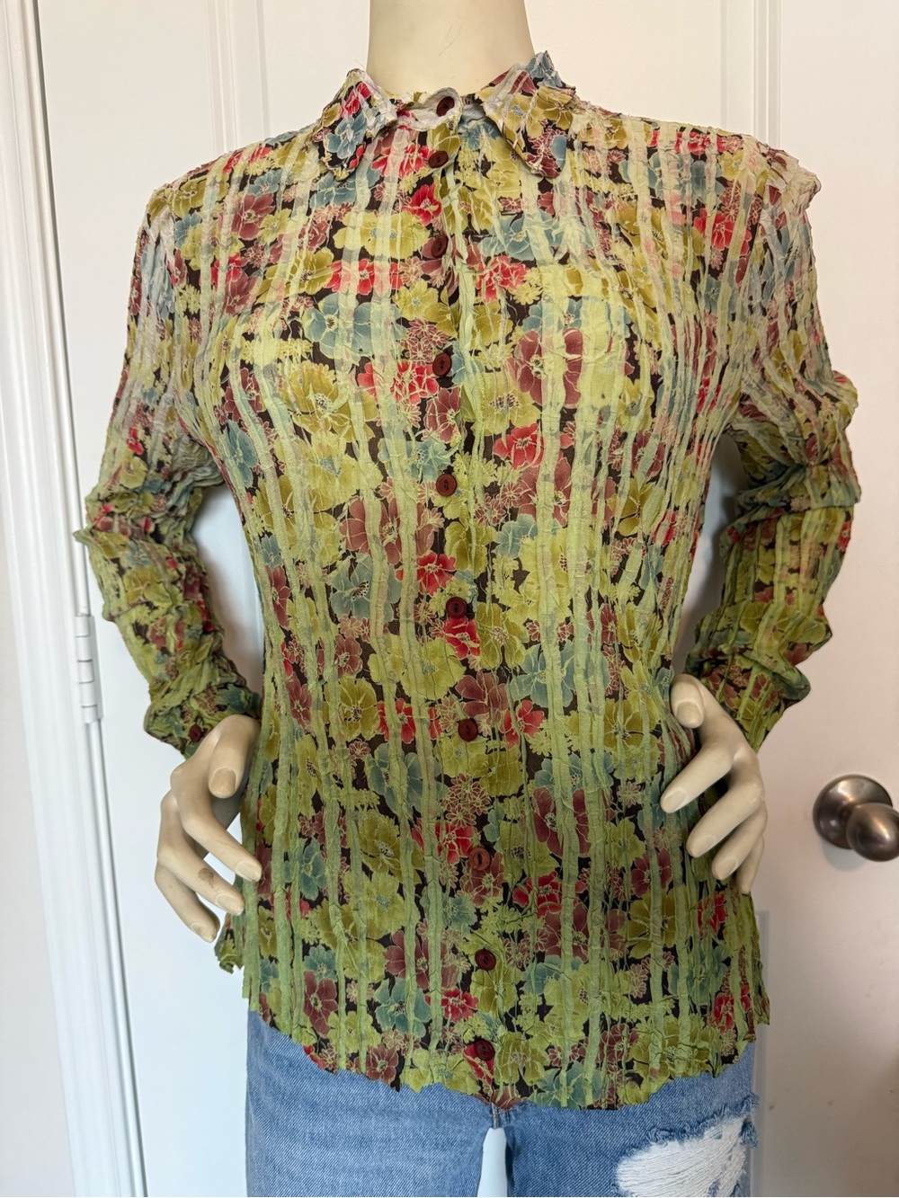 Kisca Green Floral Print Button Down Pleated Y2K Shirt